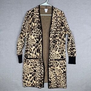 Chicos Leopard Print Open Front Longline Cardigan Sweater Cashmere Blend Sz 2 L